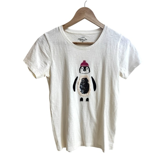 J Crew Collectible Tee Sequin Penguin Ivory Short Sleeve Womens Size XS - Picture 1 of 8